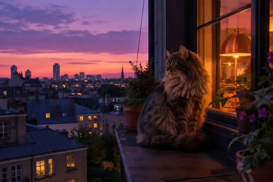 浪漫短篇《窗台上等你的猫》封面，黄昏氛围