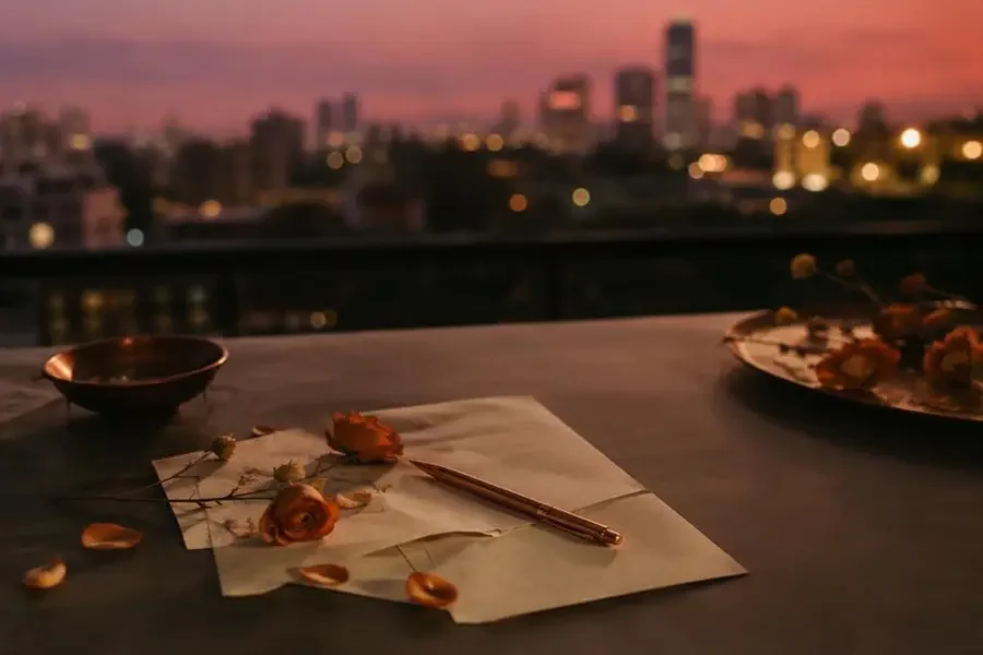 花间来信《写给暮色的一封信》封面，信封与暮色花枝