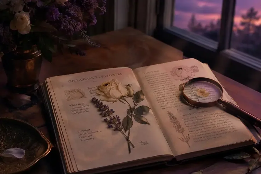 花间来信《花语词典：十二封未寄出的信》封面，花艺顾问 · 苏南栀的黄昏书信